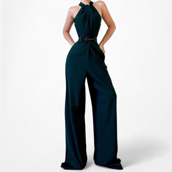 Vintage Y2K Green Sleeveless Halter Wide Leg Jumpsuit Size M - Picture 2 of 8